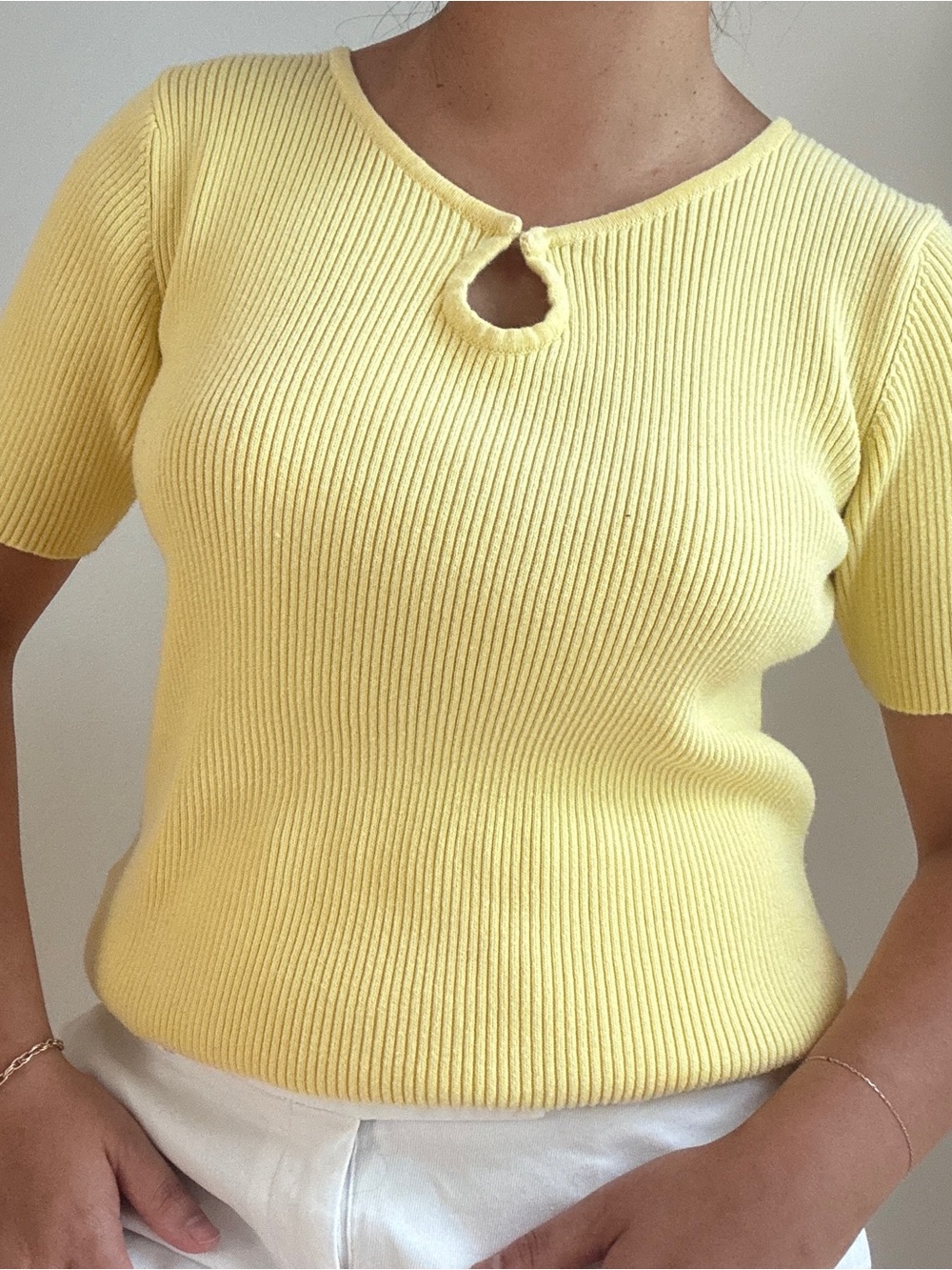 Charter Club Pale Yellow Ribbed Keyhole Short Sleeve Top